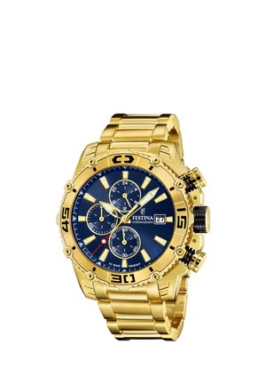 Goldene Metall-Festina-Chronograph-Uhr mit blauem Zifferblatt, drei Totalisatoren, Datumsanzeige, leuchtenden Zeigern und Markierungen mit Gliederarmband.