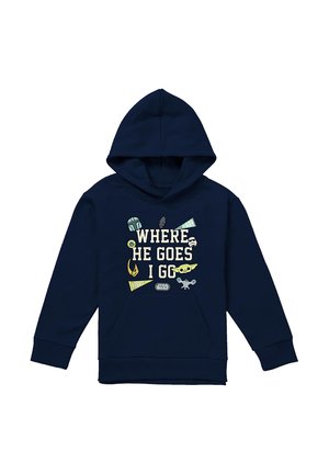 Navy blue hoodie with Star Wars-themed graphics and text "Where he goes I go," featuring Baby Yoda and other series icons on front.