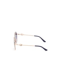 Occhiali da sole color oro con lenti rotonde e terminali in acetato eleganti. Presentano un accento geometrico sul lato della montatura per un design moderno.