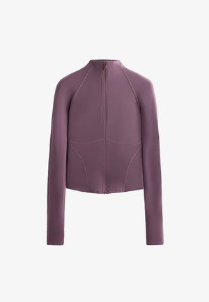 Prilagođena jakna dugih rukava s patentnim zatvaračem od mekog mauve materijala. Ima ravne šavove i visoki ovratnik, te strukturiranu, modernu siluetu.