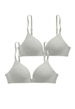 Two gray soft fabric bras with thin adjustable shoulder straps, one with a smooth triangle cup design and one with a slight V-shaped center.