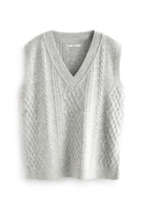 Gilet en maille sans manches gris clair avec col en V et motifs torsadés texturés sur le devant et les côtés.