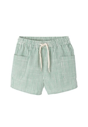 Green and white vertical striped shorts with an elastic waistband, front drawstring, and two front patch pockets.