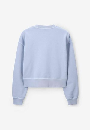 Helles blaues, cropped Sweatshirt mit einem gerippten Rundhalsausschnitt und langen Ärmeln. Weicher Stoff mit glatter Textur und schlichtem Design.