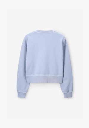 Helles blaues, cropped Sweatshirt mit einem gerippten Rundhalsausschnitt und langen Ärmeln. Weicher Stoff mit glatter Textur und schlichtem Design.
