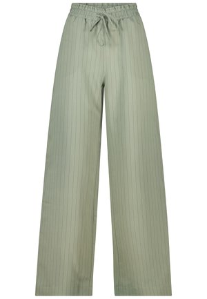 Lichtgroene wijde broek met een zachte textuur, voorzien van verticale streepjes en een elastische tailleband met een trekkoord.