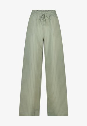 Pantalones de pierna ancha de color verde claro con una textura suave, que presentan rayas verticales y una cintura elástica con cordón.