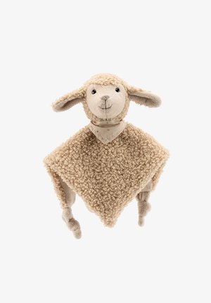 Giocattolo di pecora in peluche beige con corpo in pelliccia riccia, viso rotondo e design piatto simile a un poncho, con caratteristiche cucite e materiali morbidi e testurizzati.