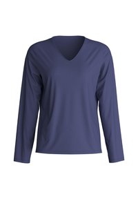 Marineblauwe langemouwen V-hals shirt van gladde stof, met een relaxte pasvorm en minimale stikseldetails op de mouwen.