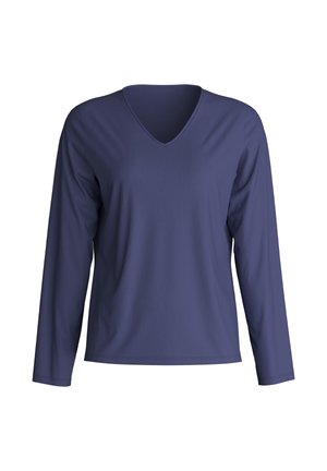 Marineblaue Langarm-V-Ausschnitt-Bluse aus glattem Stoff, mit lockerer Passform und minimalen Nahtdetails an den Ärmeln.