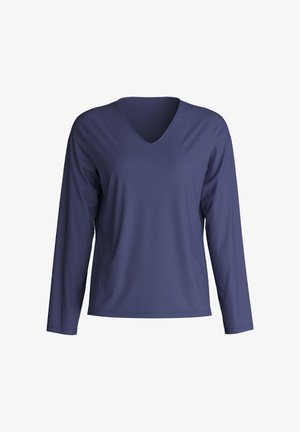 Marineblauwe langemouwen V-hals shirt van gladde stof, met een relaxte pasvorm en minimale stikseldetails op de mouwen.