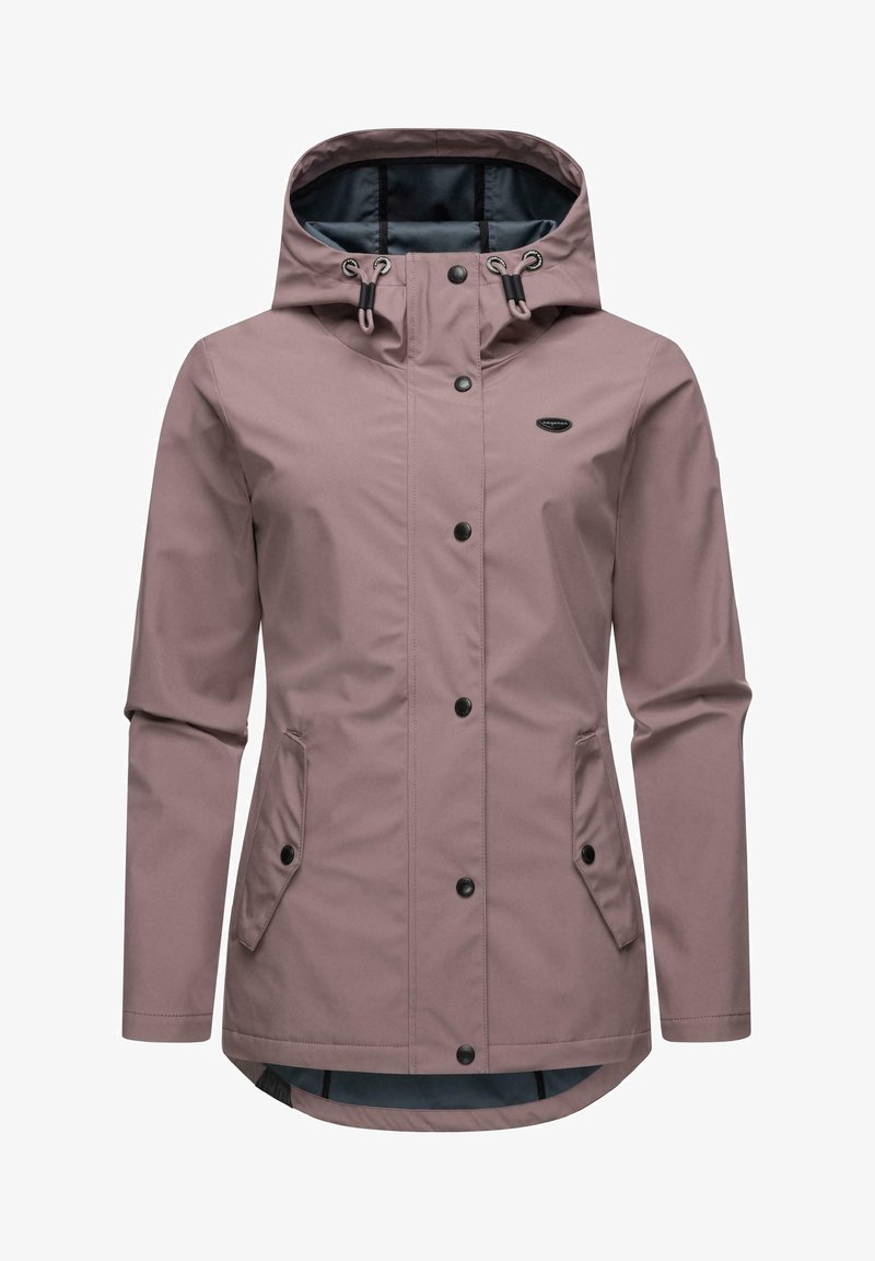 Water-resistant pink jacket with a hood, featuring a snap front, side pockets, and a blue interior lining. Smooth texture and tailored fit.