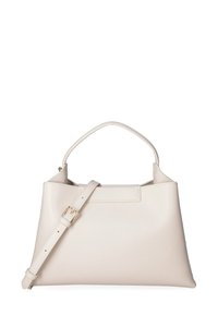 Beige synthetische handtas met een gestructureerde vorm, voorzien van een grote bovenhandgreep en een afneembare, verstelbare schouderriem.