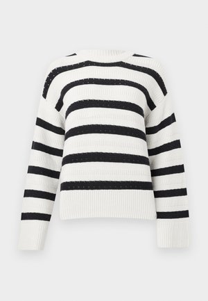 Λευκό πλεκτό πουλόβερ με οριζόντιες μαύρες ρίγες στο σώμα και στα μανίκια, με ριμπ μανσέτες, τελείωμα και λαιμόκοψη τύπου crew.