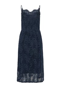 Robe midi en dentelle bleu marine à motif floral, bretelles spaghetti, corsage ajusté et encolure en dentelle festonnée.