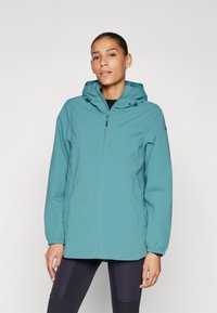 Teal vanntett jakke med hette, frontglidelås, elastiske mansjetter og sidelommer, med en glatt tekstur og avslappet passform.