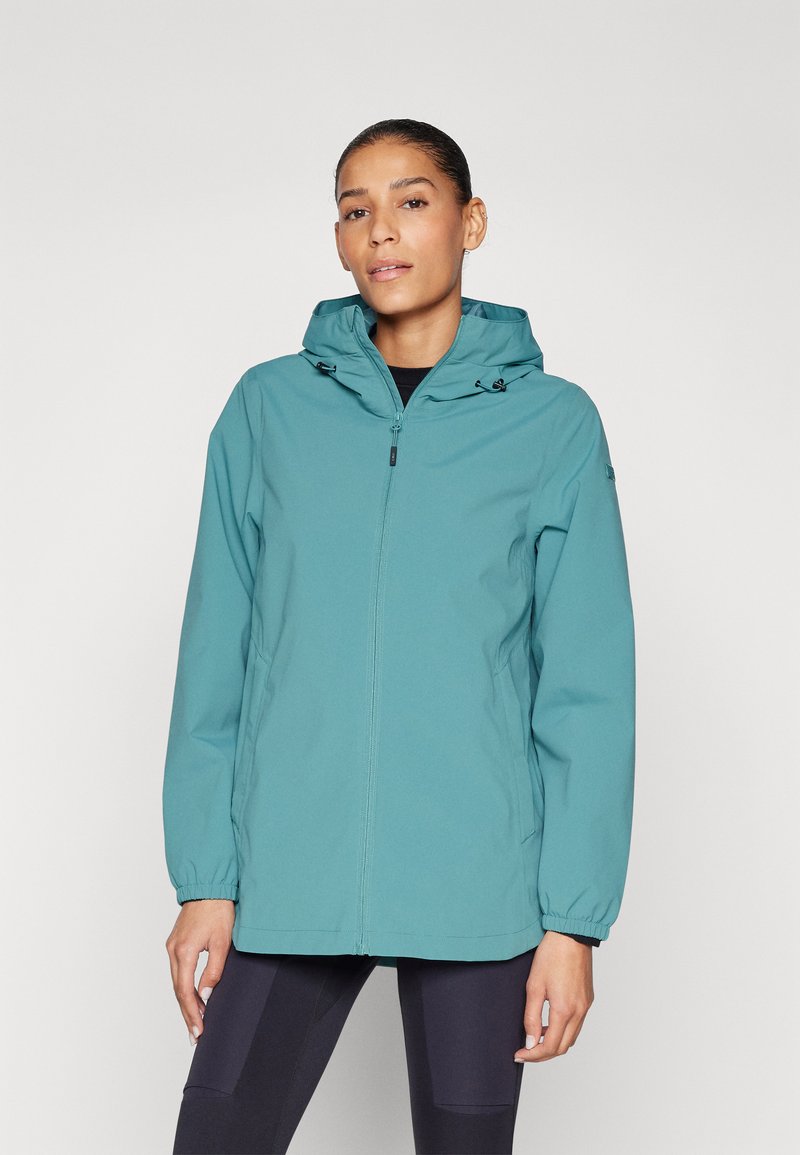 Teal vanntett jakke med hette, frontglidelås, elastiske mansjetter og sidelommer, med en glatt tekstur og avslappet passform.