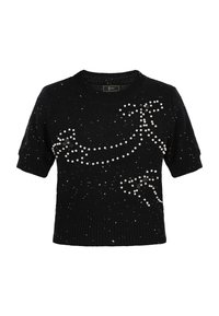 Czarny sweter z krótkim rękawem, zdobiony perłowymi akcentami i wzorami przypominającymi wstążkę. Tekstura dzianinowa z prążkowanym wykończeniem. Idealny do codziennych stylizacji.
