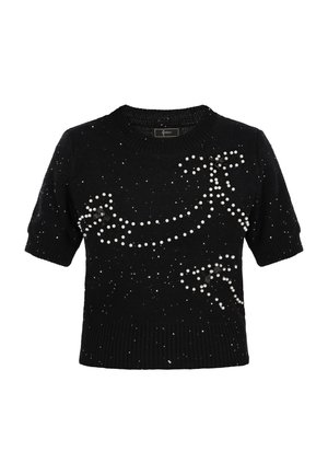 Zwarte trui met korte mouwen, versierd met parelaccenten en lintachtige ontwerpen. Gebreide textuur met ribbelrand. Geschikt voor casual draag.