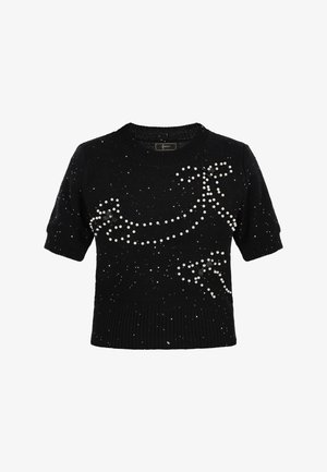 Fekete, rövid ujjú pulóver gyöngyös díszítéssel és szalagformájú mintázattal. Kötött textúra bordás aljjal. Kényelmes, hétköznapi viselethez ajánlott.