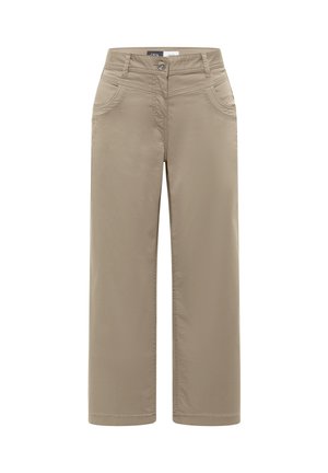 Pantalon beige à jambes droites avec fermeture à bouton et zip, poches avant, et passants de ceinture.