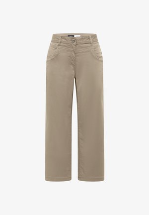 Béžové kalhoty se střihem na rovné nohy, s knoflíkem a zipem, předními kapsami a poutky na opasek.