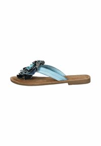 Blaue Flip-Flop-Sandalen mit floralem Design aus fransigem Denim. Glatte Riemen und eine strukturierte braune Sohle.