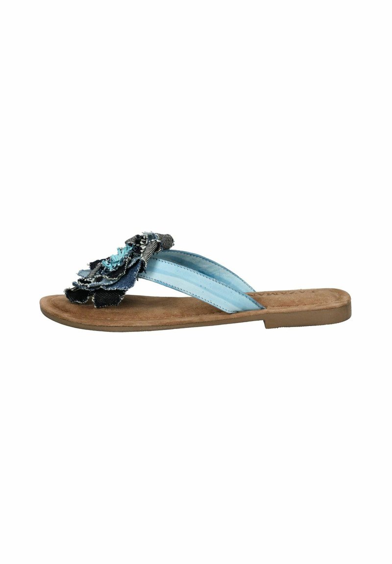Blaue Flip-Flop-Sandalen mit floralem Design aus fransigem Denim. Glatte Riemen und eine strukturierte braune Sohle.