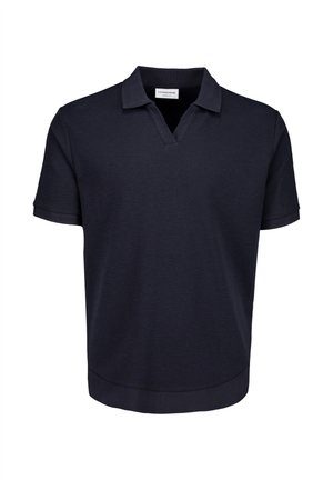 Polo a maniche corte blu navy scuro con colletto a punta e apertura a V, realizzata in tessuto strutturato.