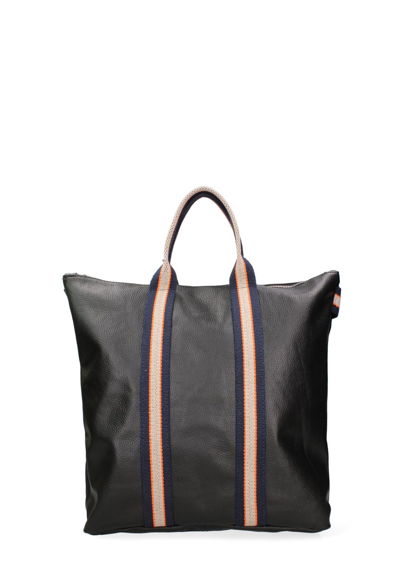 Borsa tote in pelle nera con superficie texturizzata, caratterizzata da due strisce verticali colorate in blu navy e arancione, e una maniglia corta doppia.