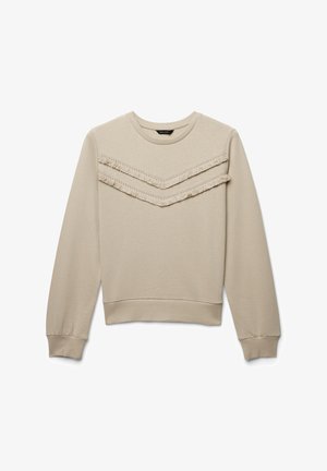 Felpa beige con scollo rotondo, caratterizzata da due file orizzontali di frange testurizzate sul petto e polsini aderenti.