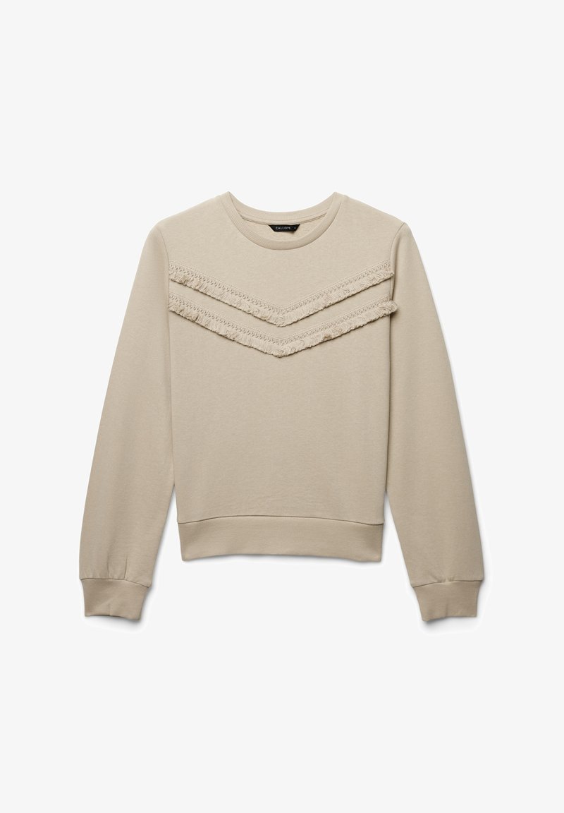 Felpa beige con scollo rotondo, caratterizzata da due file orizzontali di frange testurizzate sul petto e polsini aderenti.