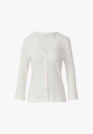 Witte geribde cardigan met een V-hals, lange mouwen en een sluiting met zeven knopen aan de voorkant. Zachte textuur met subtiele verticale lijnen.