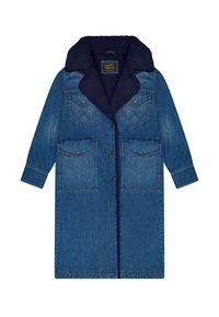 Denim jas met een donkerblauwe schapenwollen kraag, lange mouwen, twee borstzakken en twee grotere voorzakken. Voorzien van knoopsluitingen.