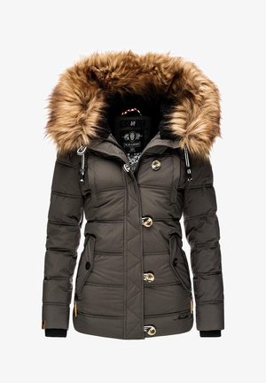 Veste parka rembourrée vert foncé avec une capuche en fausse fourrure amovible, deux grandes poches avant, des boutons dorés et des poignets côtelés.