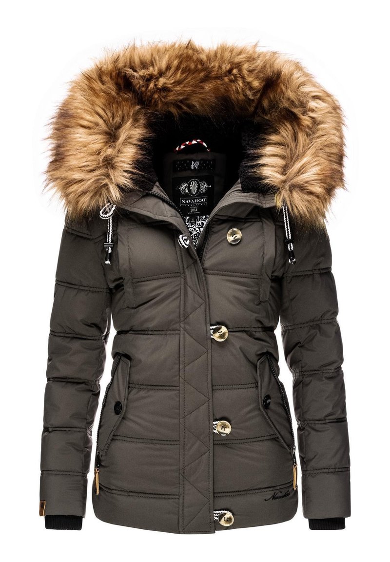 Padded parka jacket in dark green with a detachable faux fur hood, two large front pockets, gold-tone buttons, and ribbed cuffs.