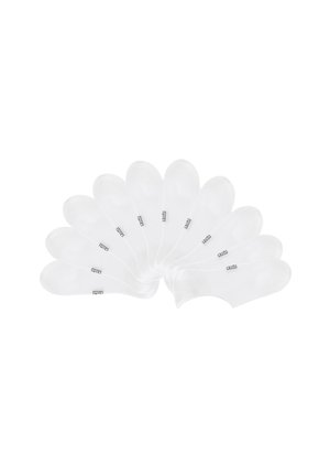 White cotton ankle socks arranged in a fan shape, featuring a smooth texture and small black branding text on the side. Set of ten.