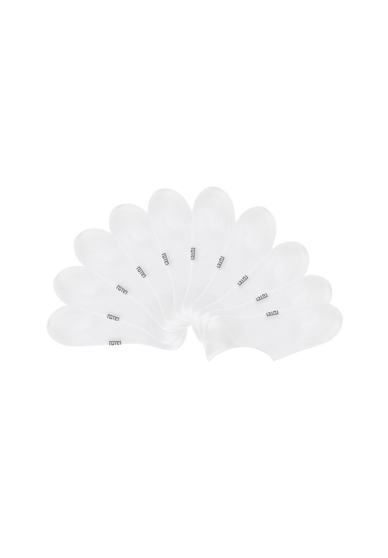 Weiße Baumwollknöchelsocken, fächerförmig angeordnet, mit einer glatten Textur und kleinen schwarzen Markenaufschriften an der Seite. Set aus zehn Stück.