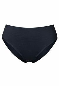 Melnas augstas jostas bikses, izgatavotas no gludas auduma. Tām ir pilnīga seguma dizains ar bezšuvju malām un vienkāršu, klasisku stilu.