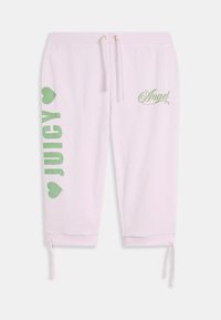 Világos rózsaszín szabadidőnadrág zöld "JUICY" felirattal és szívdíszítésekkel. Húzózsinóros derékrész és a szegély állítható hosszúságúra köthető. Puha tapintású anyag.