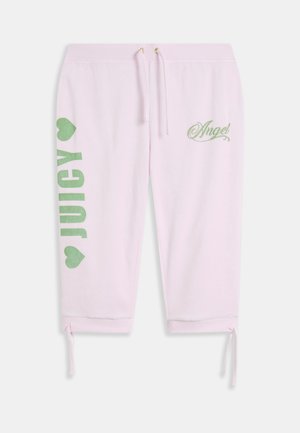 Világos rózsaszín szabadidőnadrág zöld "JUICY" felirattal és szívdíszítésekkel. Húzózsinóros derékrész és a szegély állítható hosszúságúra köthető. Puha tapintású anyag.