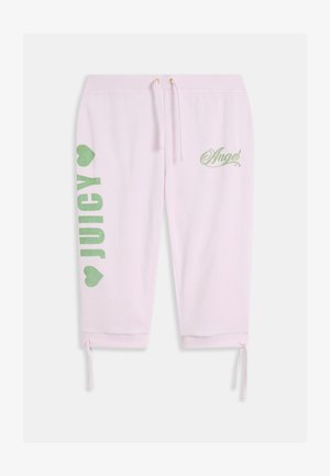 Világos rózsaszín szabadidőnadrág zöld "JUICY" felirattal és szívdíszítésekkel. Húzózsinóros derékrész és a szegély állítható hosszúságúra köthető. Puha tapintású anyag.