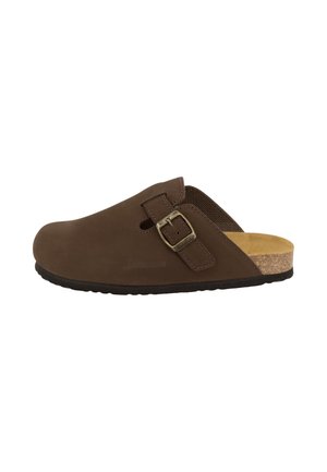 Brown slip-on clog with adjustable buckle strap, cork footbed, and black sole, shown from the outer side on a white background.