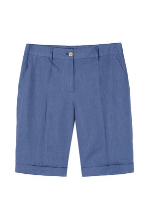 Mėlynos languotos šortai su lengvu audiniu, su sagtele, diržo kilpomis ir dviem šoninėmis kišenėmis. Pasukta apatinė kraštinė.