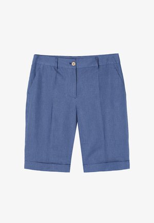 Pantalones cortos a cuadros azules con un tejido ligero, que cuentan con un cierre de botón, trabillas para cinturón y dos bolsillos laterales. Detalle de dobladillo con vuelta.