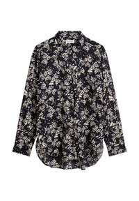Chemise noire à manches longues avec un motif floral blanc et jaune, devant boutonné, et col classique, posée à plat sur un fond blanc.