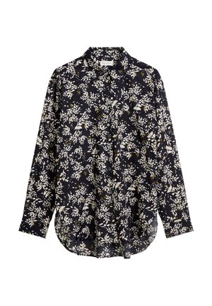 Chemise noire à manches longues avec un motif floral blanc et jaune, devant boutonné, et col classique, posée à plat sur un fond blanc.