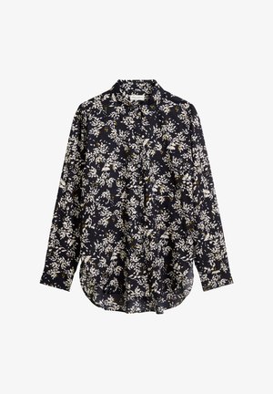 Langärmliges schwarzes Hemd mit weißem und gelbem Blumenmuster, mit Knopfleiste und klassischem Kragen, flach auf einem weißen Hintergrund ausgelegt.