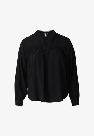 Zwarte blouse met lange mouwen en een V-hals, met gerimpelde details op de borst, een vloeiende vorm en elastische manchetten. Lichtgewicht stof met een gladde textuur.