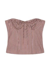 Haut bustier à carreaux marron et rose sans bretelles avec des détails froncés et un nœud devant sur fond blanc.